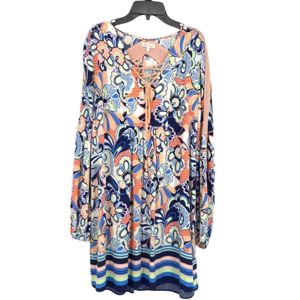 Red Camel L BoHo Dress Long Sleeve Lace Up Front Knee Length Tassel Crochet